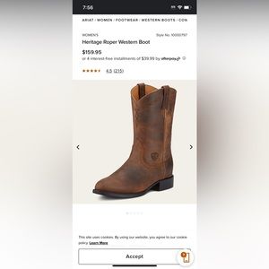 Ariat Heritage Roper Western Boot Size 9.5 US